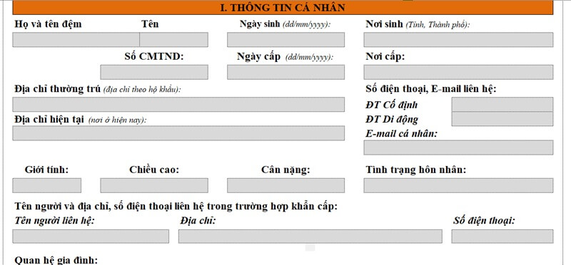 Phần thông tin cá nhân trong mẫu CV ngân hàng SHB