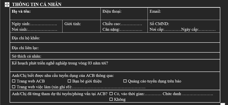 Phần thông tin cá nhân trong CV ngân hàng ACB