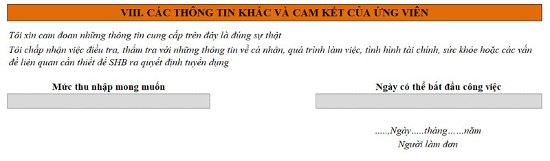 Các thông tin khác và cam kết của ứng viên trong CV ngân hàng SHB