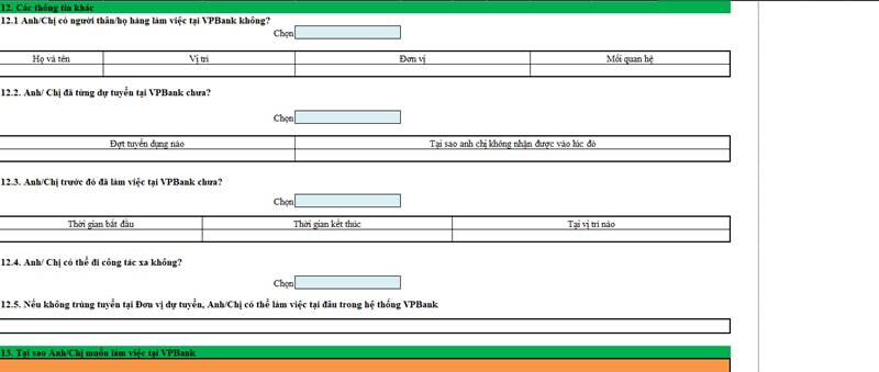 Mục câu hỏi/các thông tin khác trong CV VPBank