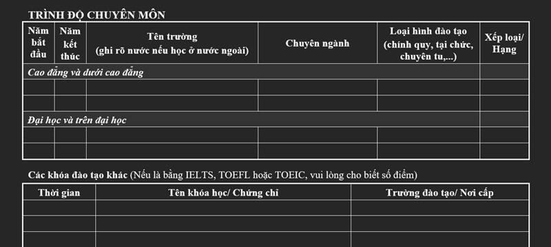 Phần trình độ chuyên môn trong CV ngân hàng ACB