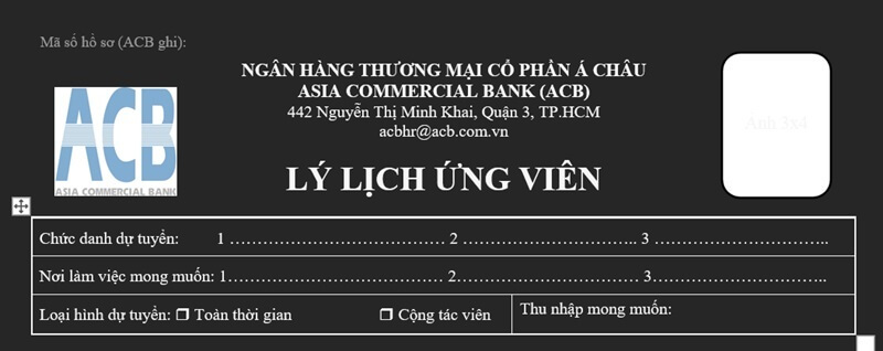 Phần thông tin dự tuyển trong CV ngân hàng ACB