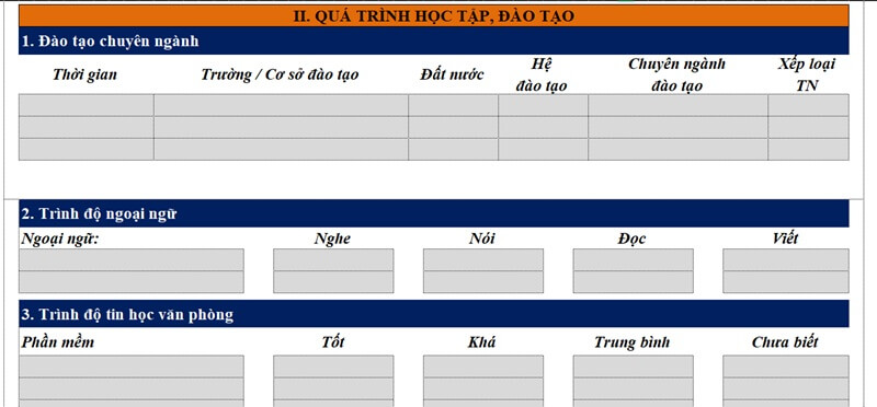 Phần quá trình học tập, đào tạo trong mẫu CV ngân hàng SHB