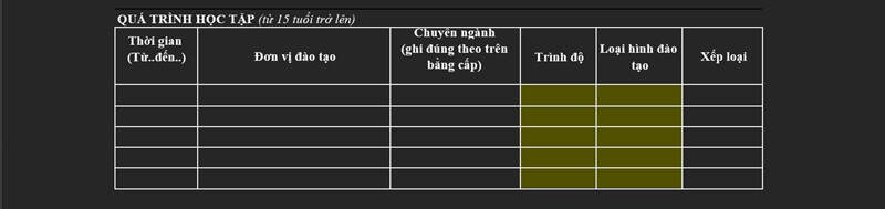 Phần quá trình học tập trong CV HDBank