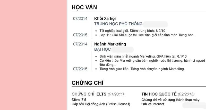 Phần trình độ học vấn trong CV xin việc sinh viên năm nhất