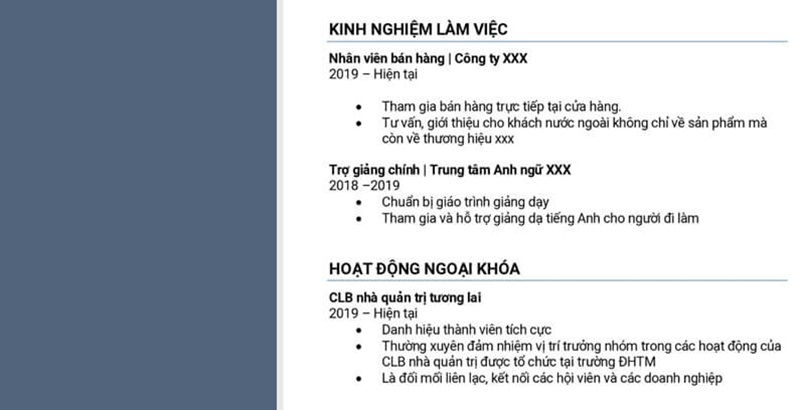 Phần kinh nghiệm làm việc trong bản CV sinh viên mới ra trường