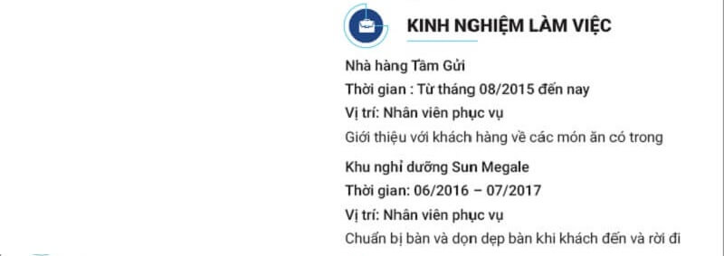 Phần kinh nghiệm làm việc trong bản CV xin việc phục vụ nhà hàng