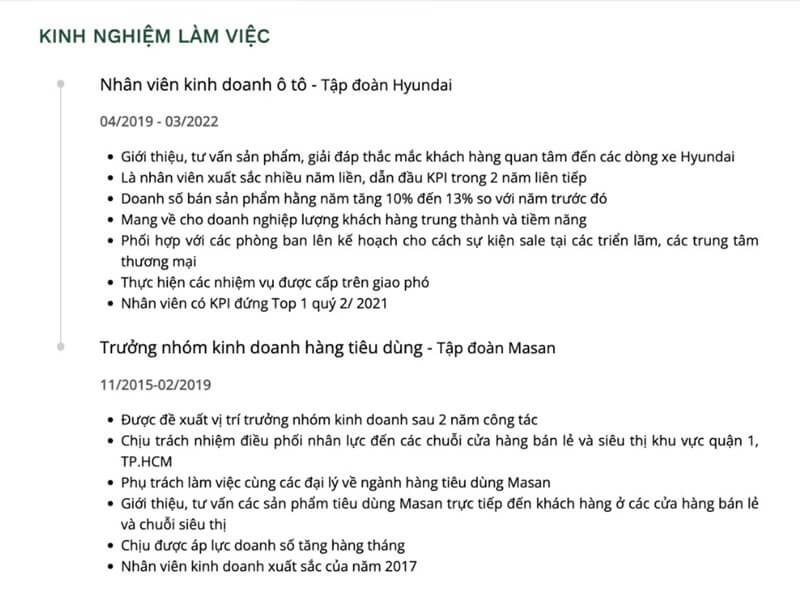 Phần kinh nghiệm làm việc trong bản CV xin việc ngành ô tô