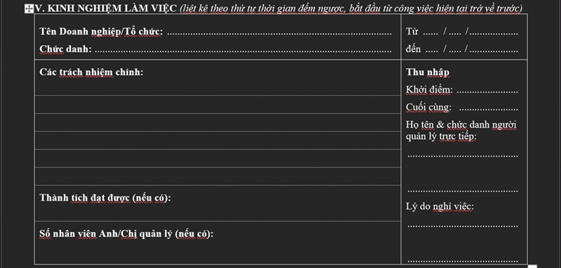 Mục kinh nghiệm làm việc trong CV ngân hàng TPBank