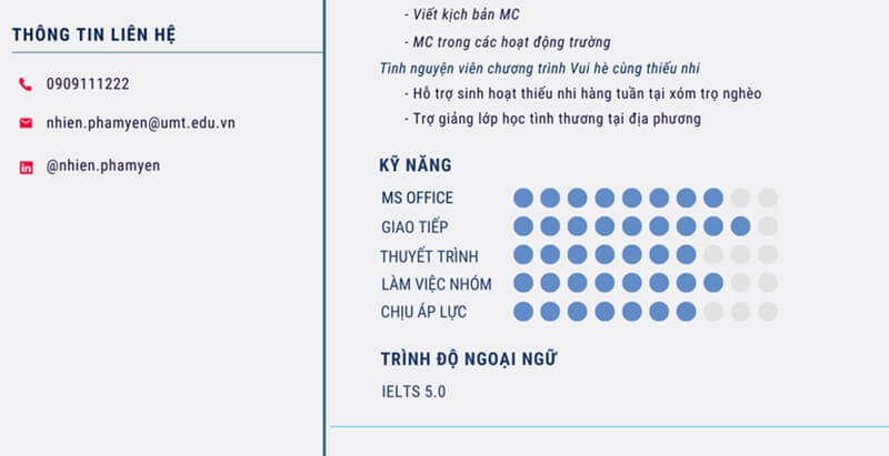 Phần kỹ năng trong bản CV xin việc đơn giản cho sinh viên