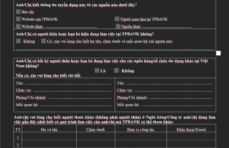 Trình bày thông tin tham khảo trong CV ngân hàng TPBank