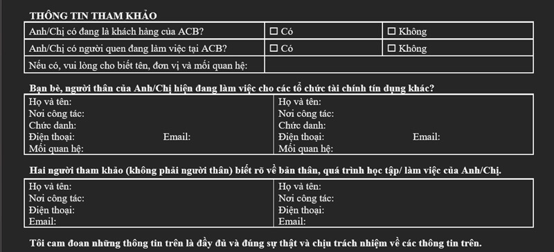 Phần thông tin tham khảo trong CV ngân hàng ACB