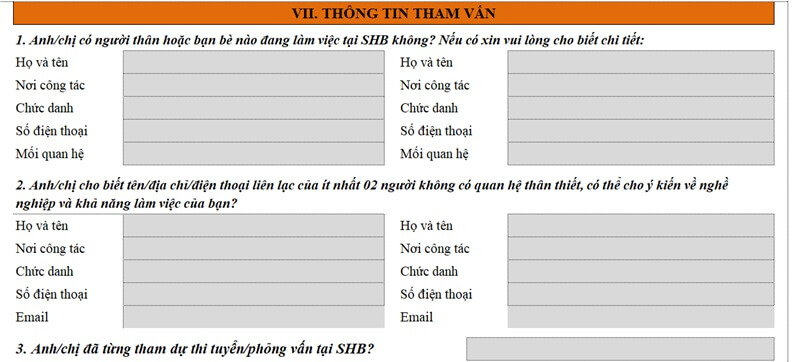 Phần thông tin tham vấn trong mẫu CV ngân hàng SHB