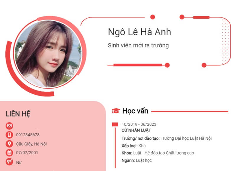 Phần thông tin cá nhân trong bản CV xin việc đơn giản cho sinh viên