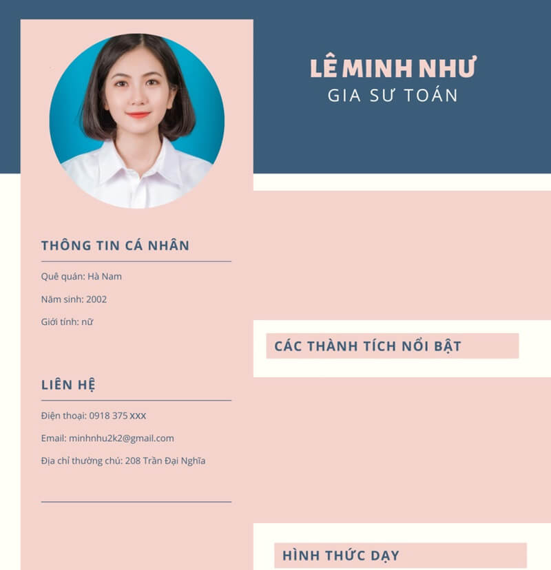 Phần thông tin cá nhân trong bản CV gia sư