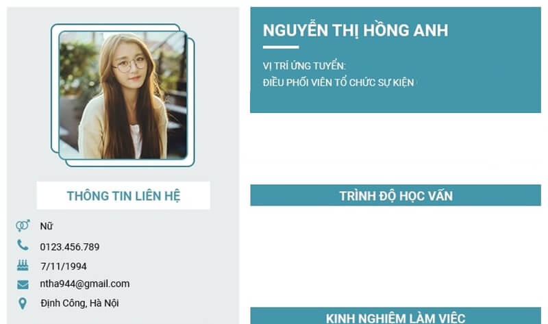 Phần thông tin cá nhân trong CV xin việc tổ chức sự kiện