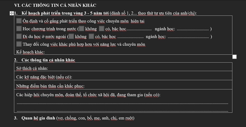 Các thông tin cá nhân khác trong CV ngân hàng TPBank