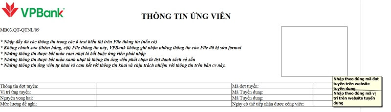 Phần thông tin ứng tuyển trong CV xin việc VPBank