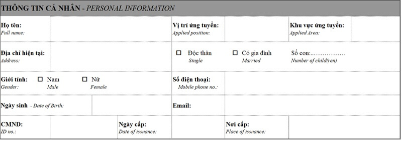Phần thông tin cá nhân trong bản CV xin việc KFC