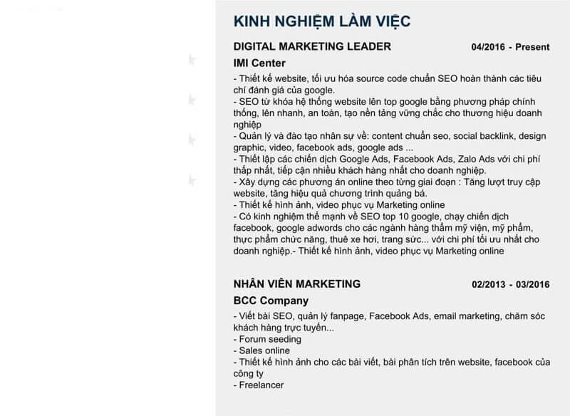 Phần kinh nghiệm làm việc trong CV Marketing