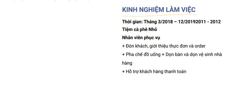 Phần kinh nghiệm làm việc trong CV xin việc Highland Coffee