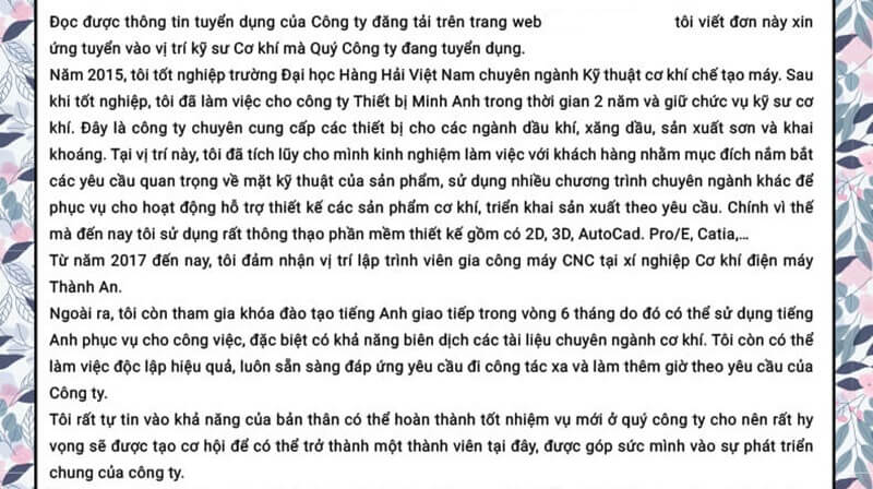 Phần nội dung của đơn xin việc