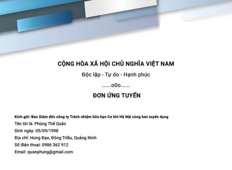 Phần thông tin cá nhân ứng viên trong đơn xin việc