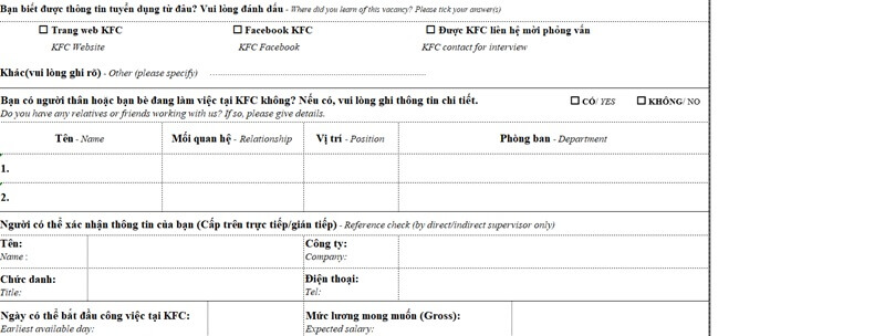 Phần thông tin khác trong CV xin việc KFC
