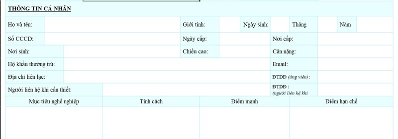 Phần thông tin cá nhân trong mẫu CV ngân hàng Eximbank