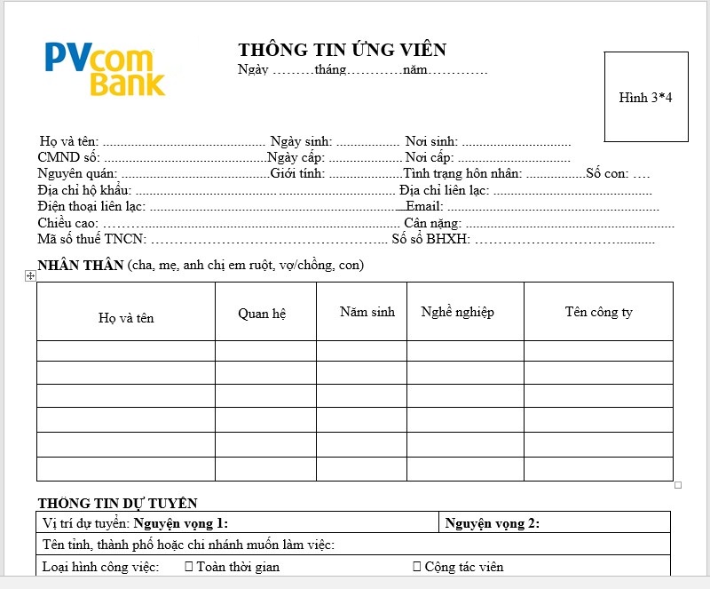 Trình bày CV PVcombank mẫu theo yêu cầu của nhà tuyển dụng