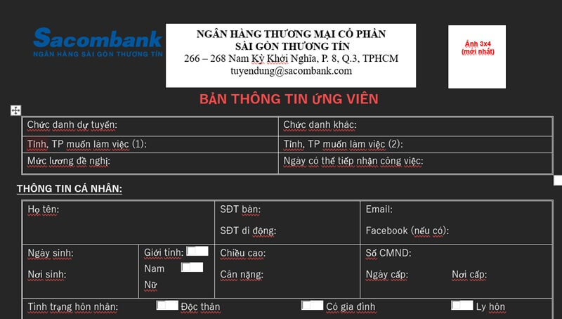 Phần thông tin dự tuyển và thông tin cá nhân