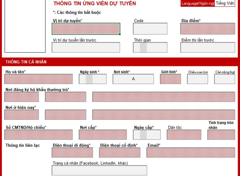 Phần thông tin dự tuyển và thông tin cá nhân trong CV Techcombank