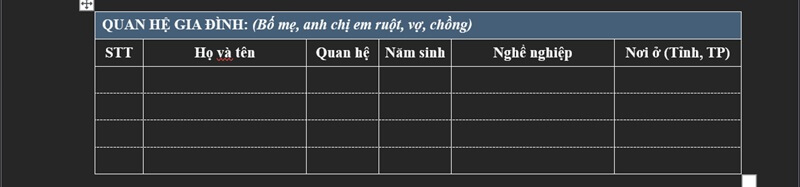 Phần quan hệ gia đình trong mẫu CV Vietcombank