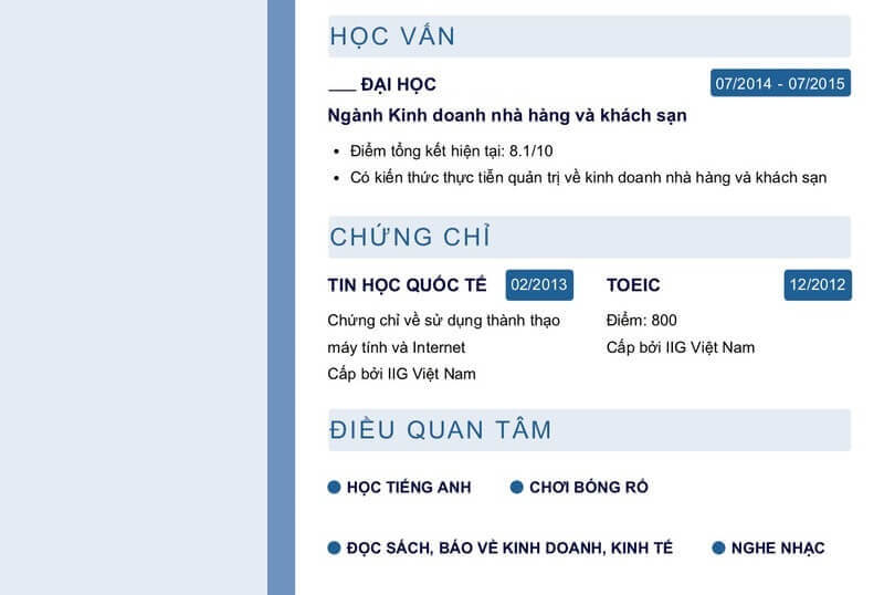 Phần trình độ học vấn trong CV xin việc quán trà sữa