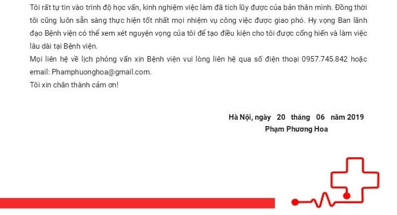 Phần kết của đơn xin việc bệnh viện