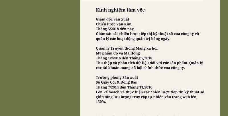 Phần kinh nghiệm làm việc trong CV vận hành sản xuất