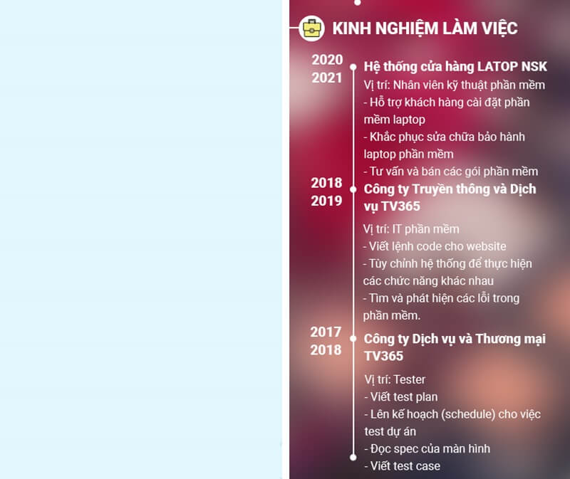 Phần kinh nghiệm làm việc trong bản CV công nghệ cao