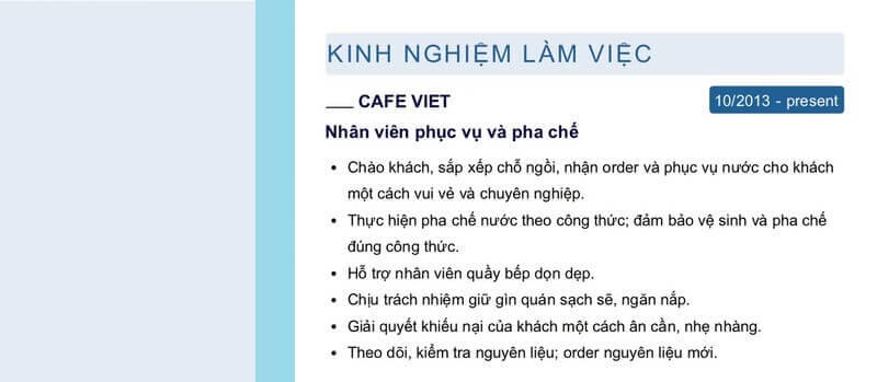 Phần kinh nghiệm làm việc trong CV xin việc quán trà sữa