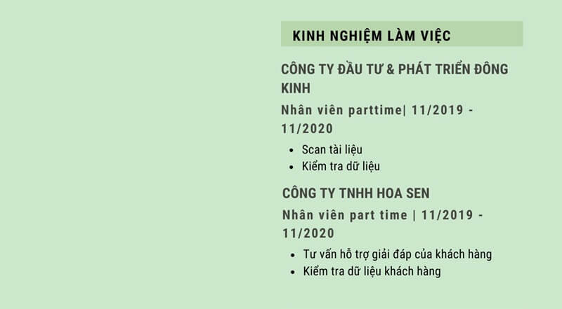 Phần kinh nghiệm làm việc trong CV thực tập sinh ngân hàng