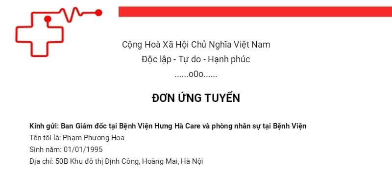 Phần mở đầu của đơn xin việc bệnh viện