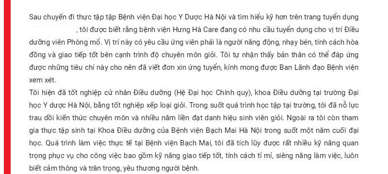 Phần nội dung của đơn xin việc bệnh viện