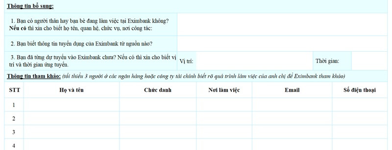 Phần thông tin bổ sung và thông tin tham khảo trong mẫu CV ngân hàng Eximbank