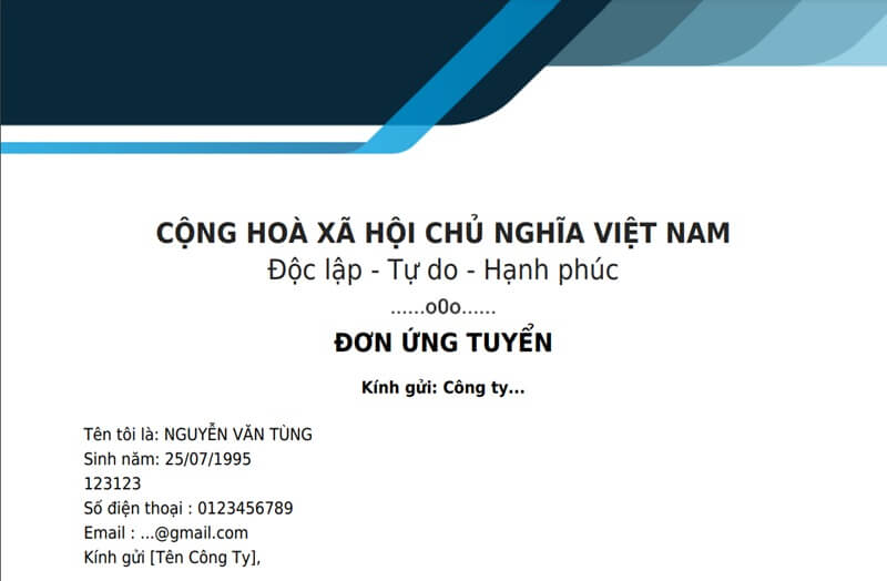 Phần mở đầu của mẫu đơn xin việc lái xe