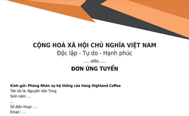 Phần mở đầu trong đơn xin việc Highland Coffee