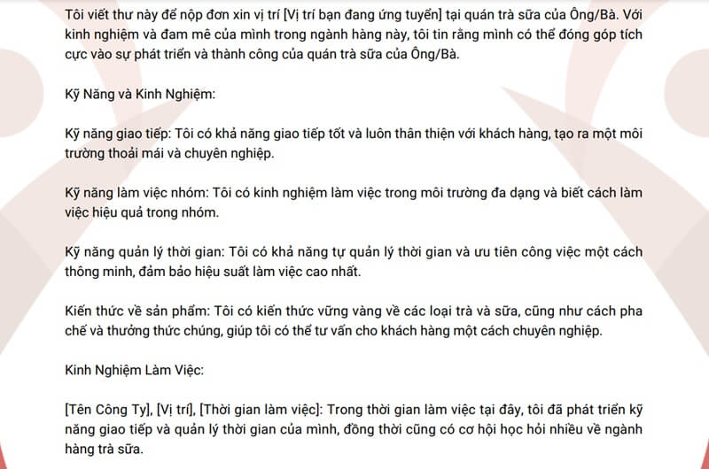 Phần nội dung đơn xin việc quán trà sữa