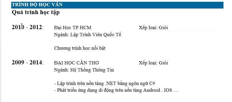 trình bày học vấn theo theo trình tự thời gian