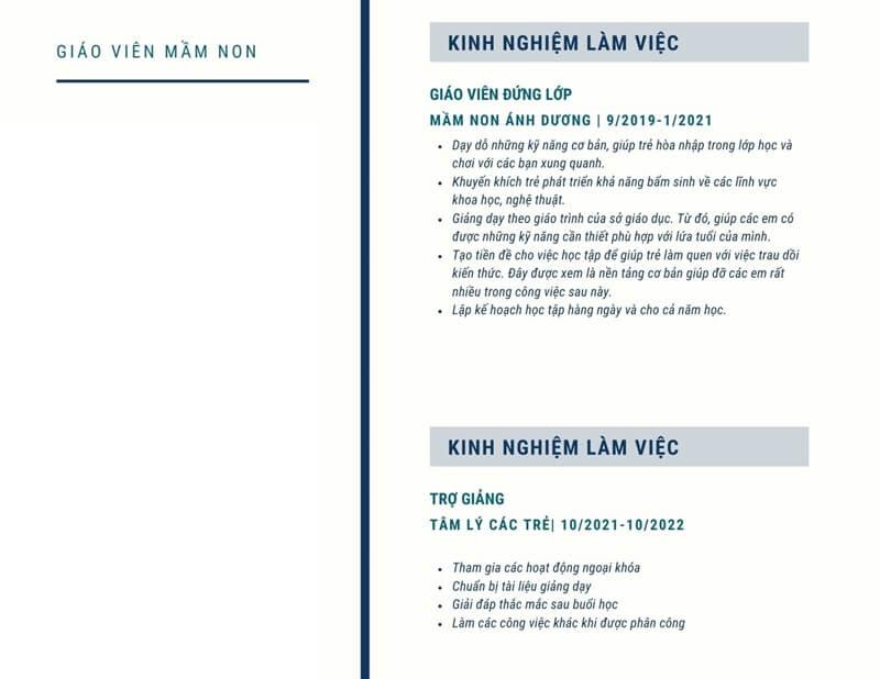 Phần kinh nghiệm làm việc trong CV xin việc giáo viên mầm non