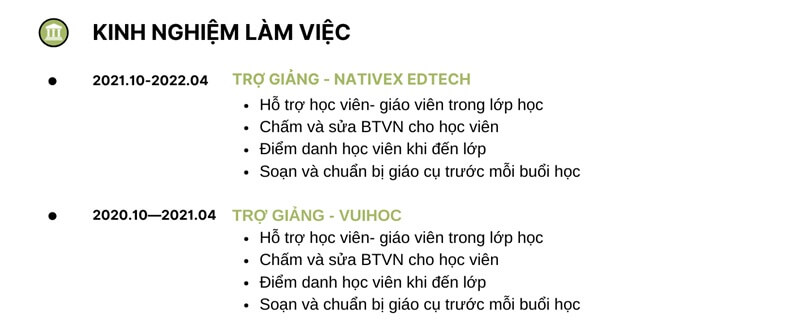 Phần kinh nghiệm làm việc của CV xin việc trợ giảng