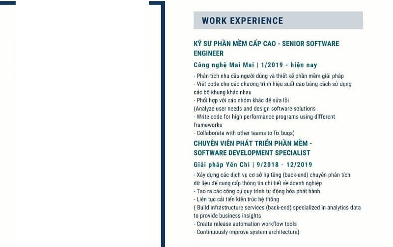 Phần kinh nghiệm làm việc trong CV song ngữ Anh Việt