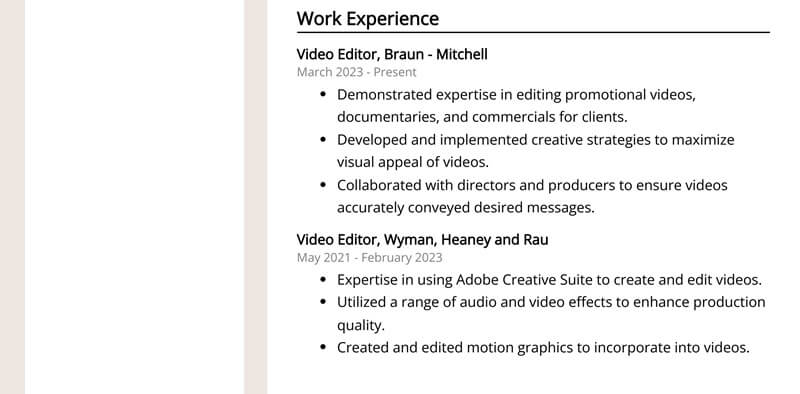Phần kinh nghiệm làm việc trong CV video editor